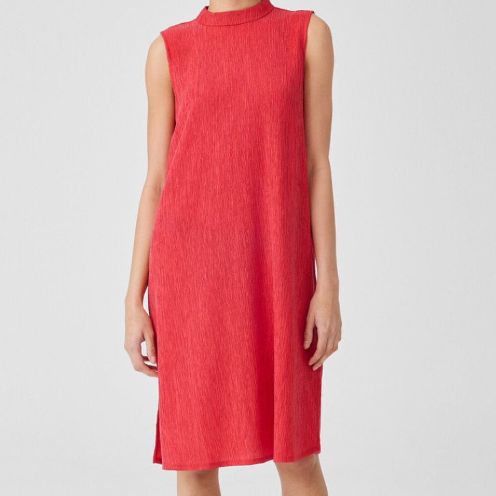 NWT EILEEN FISHER Woven Plisse Mock Neck Dress Red XL